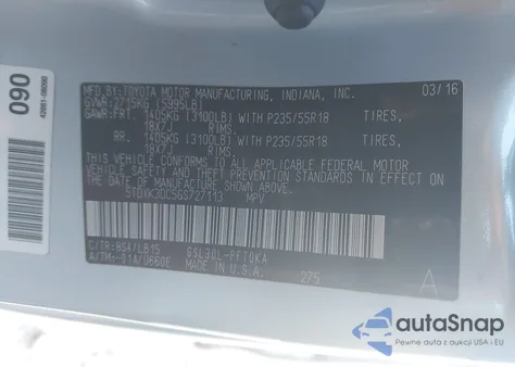 2016 Toyota Sienna Limited 7 Passenger z USA, uszkodzony, nr VIN 5TDYK3DC5GS727113